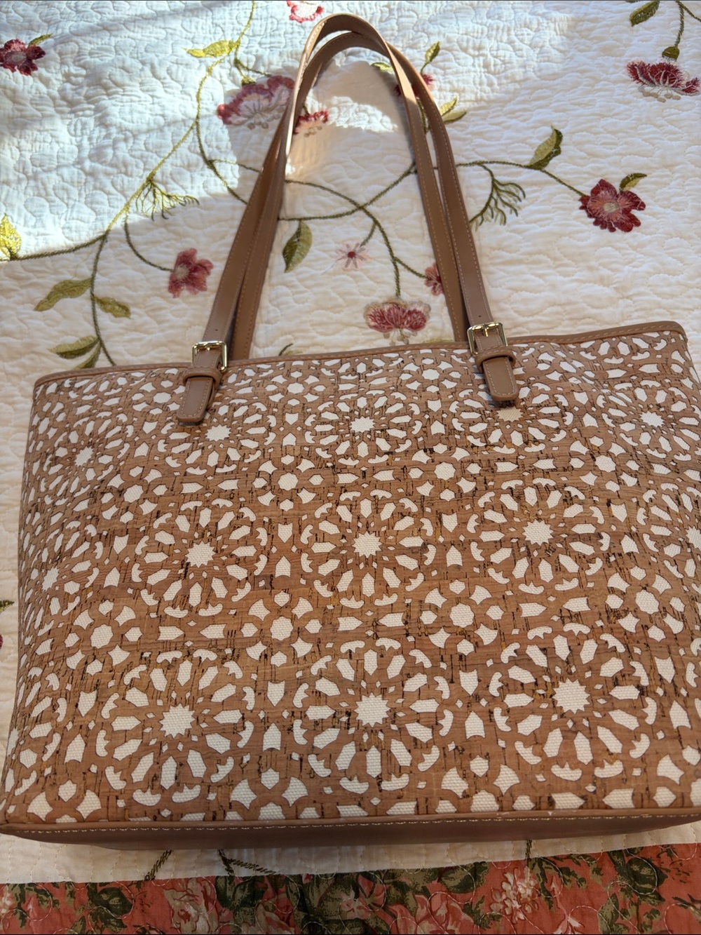 Mystique Tan Cork Floral Laser-Cut Tote with Double Straps